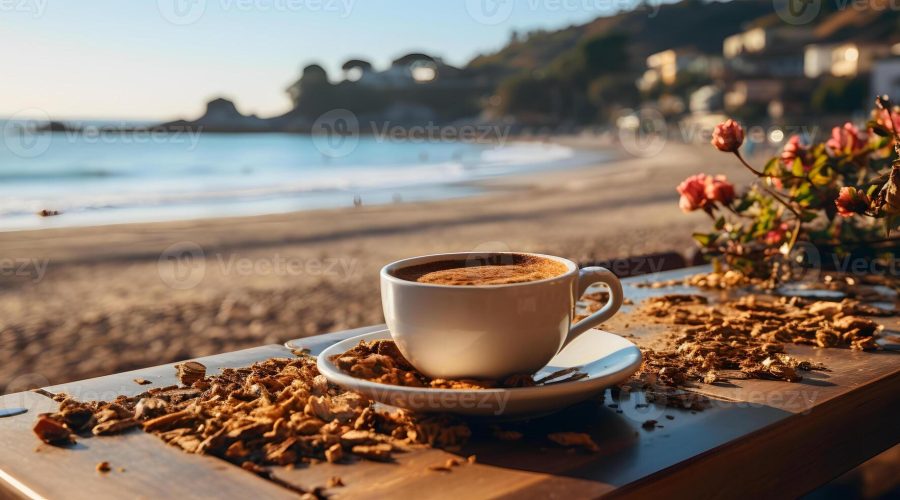 ai-generated-a-cup-of-coffee-on-the-table-with-a-beautiful-beach-view-generative-ai-photo